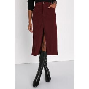 Lulu's Refreshing Romance Burgundy Corduroy Midi Skirt- Women's Size Small
